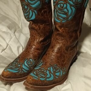Ariat Brown Leather Cowboy Boots with Turquoise Floral Rose Inlay
